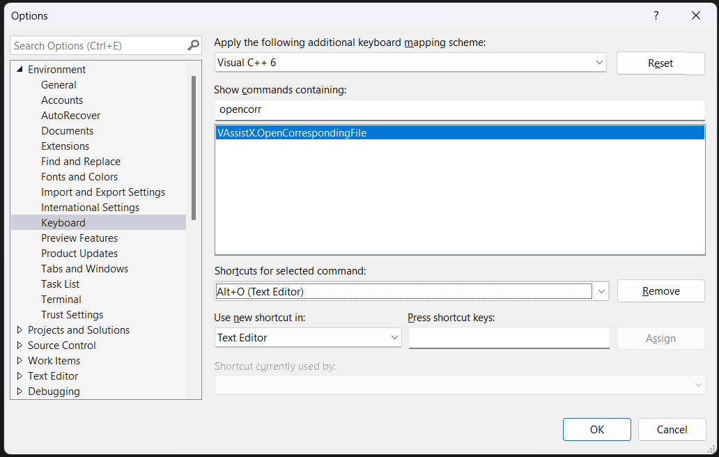 Screenshot of Visual Studio keyboard options